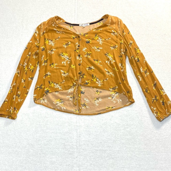 Jolt Women's Blouse L Mustard Yellow Hi Low Floral Vneck Front Tie Long Sleeve - Picture 8 of 14